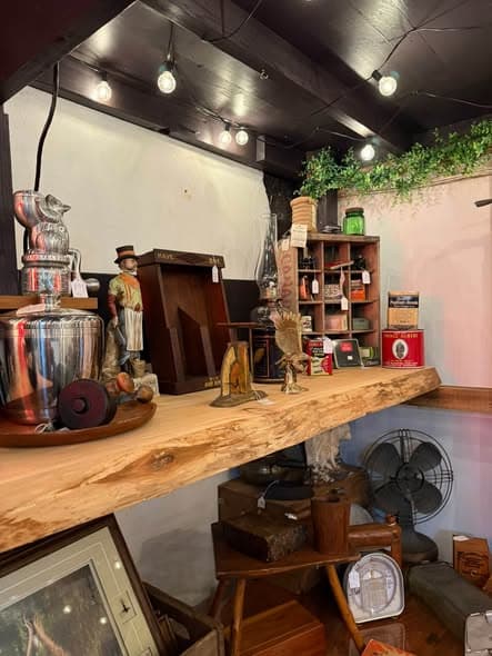 Kerri's string-lit shelf of oil lamps, vintage figurines, and small collectibles